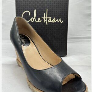 Cole Haan  Air Jocelyn OT Wedge Black Leather & Cork Peep Toe Wedge Heel Size  8